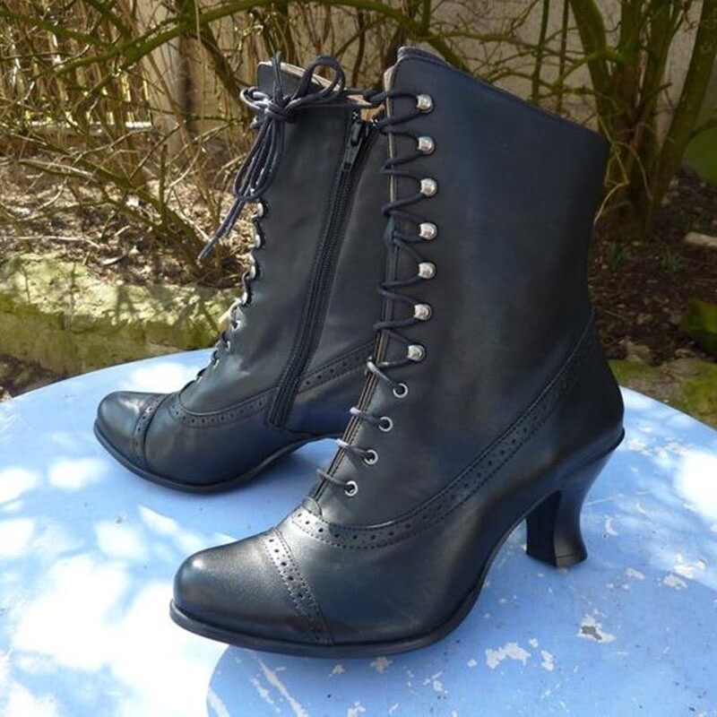 Womens Victorian Mid-Calf Leather Boots 